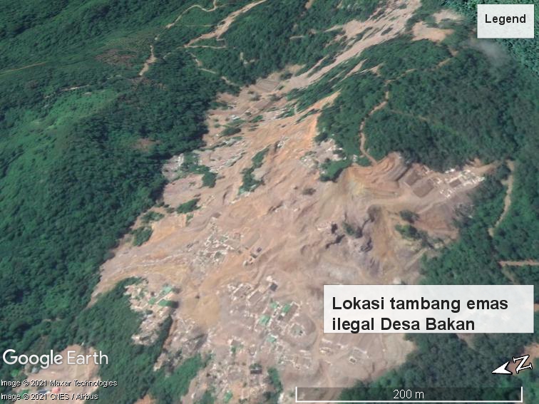 Lokasi tambang emas tak berizin di Desa Bakan Kabupaten Bolmong. (Sumber: Google Earth)