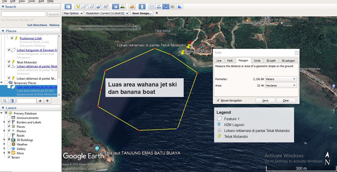 Taksiran luas area kawasan wisata bahari teluk melalui analisa Google Earth Pro.