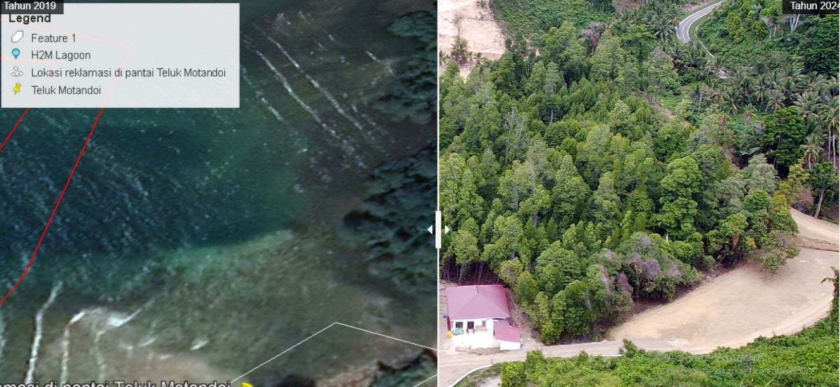 Foto citra google earth dengan pesawat drone kemudian disatukan untuk melihat perbandingannya.