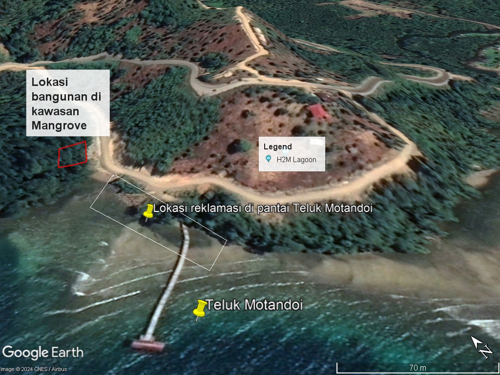 Tangkapan citra satelit google earth tahun 2019, yakni kondisi sebelum dilakukannya reklamasi di teluk Desa Motandoi Selatan. 