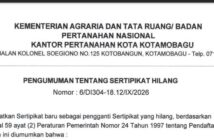 Pengumuman Sertipikat Hilang