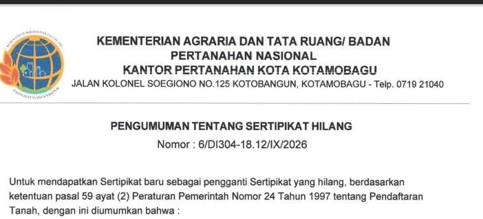 Pengumuman Sertipikat Hilang